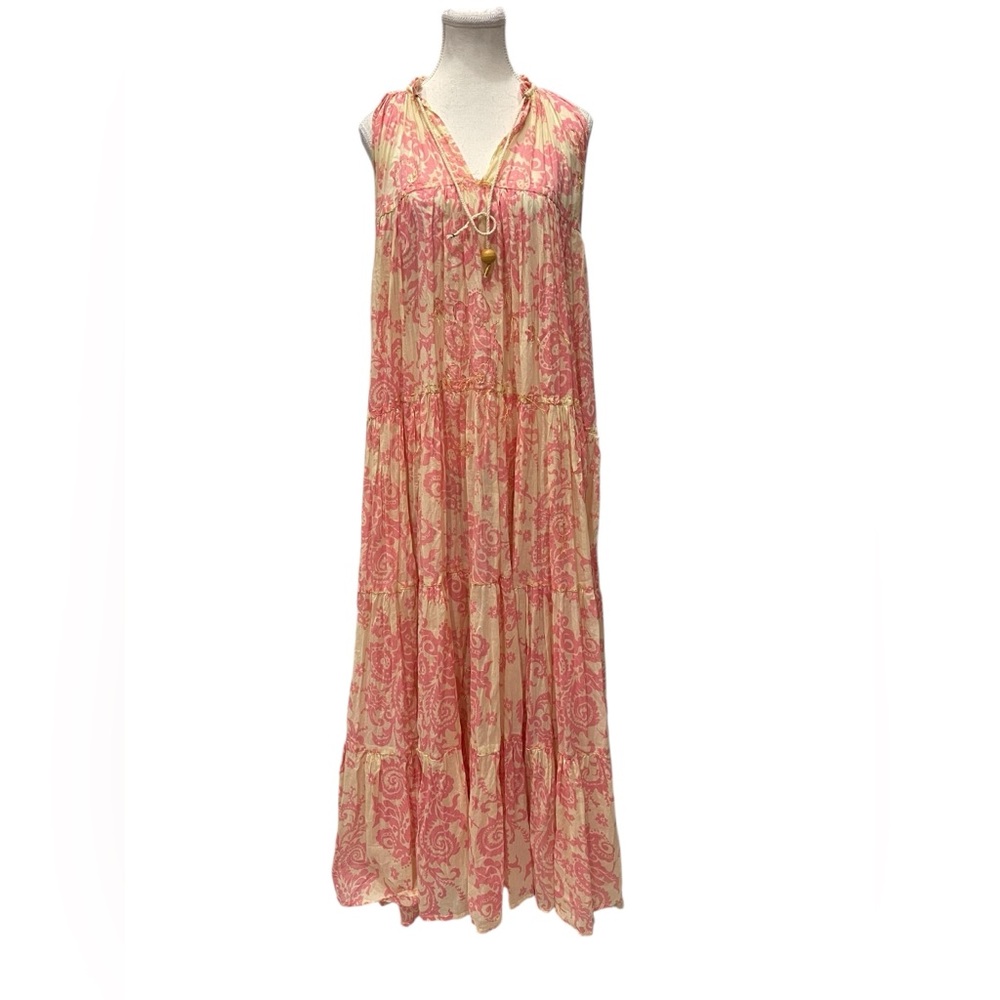 Yvonne S Hippy Tiered Printed Sleeveless Cotton Maxi Dress in Pink Multi Size S